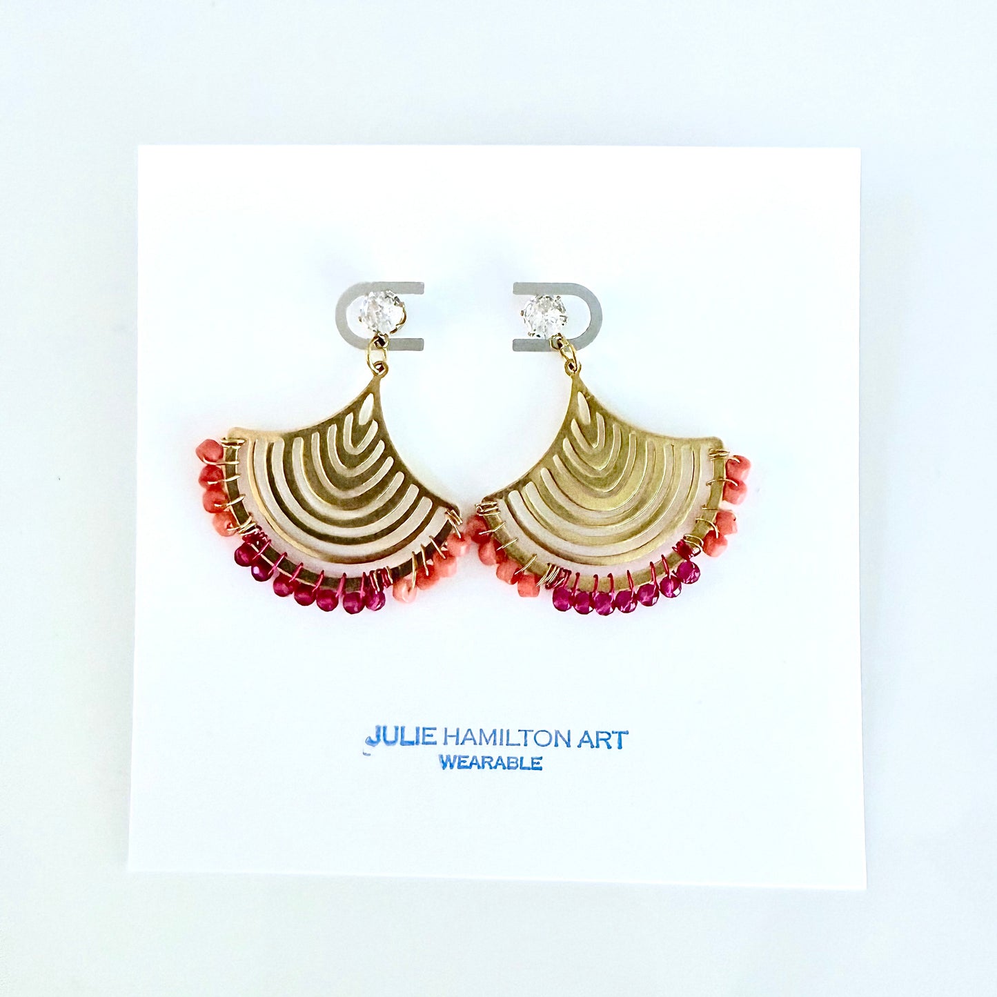 Coral and Pink Chalcedony Gemstone Wrapped Fan Earrings