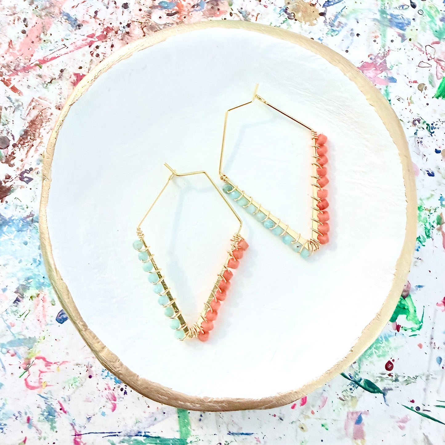 Coral and Aquamarine Gemstone Wrapped Trapezoid Hoop Earrings