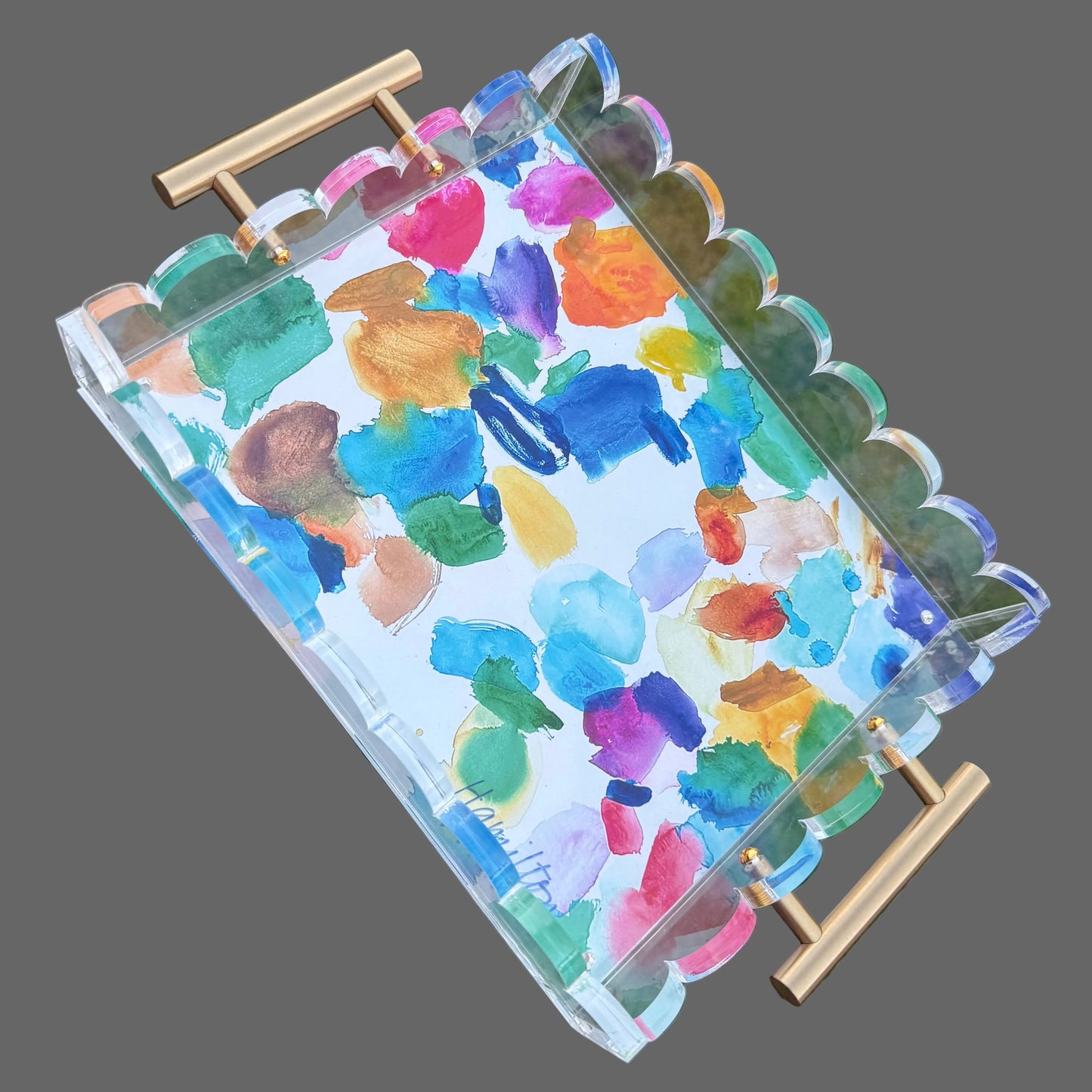 Chunky clear acrylic tray with Colorful watercolor paint palette bottom and brass handles by Julie Hamilton artist