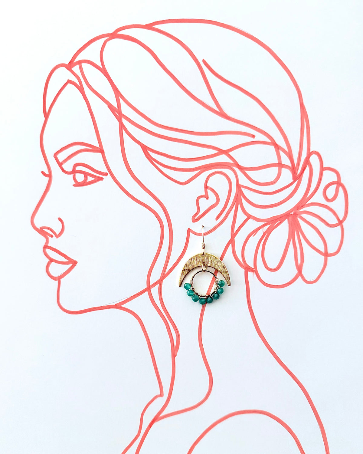 Green Onyx Gemstone Wrapped Hoop and Moon Earrings