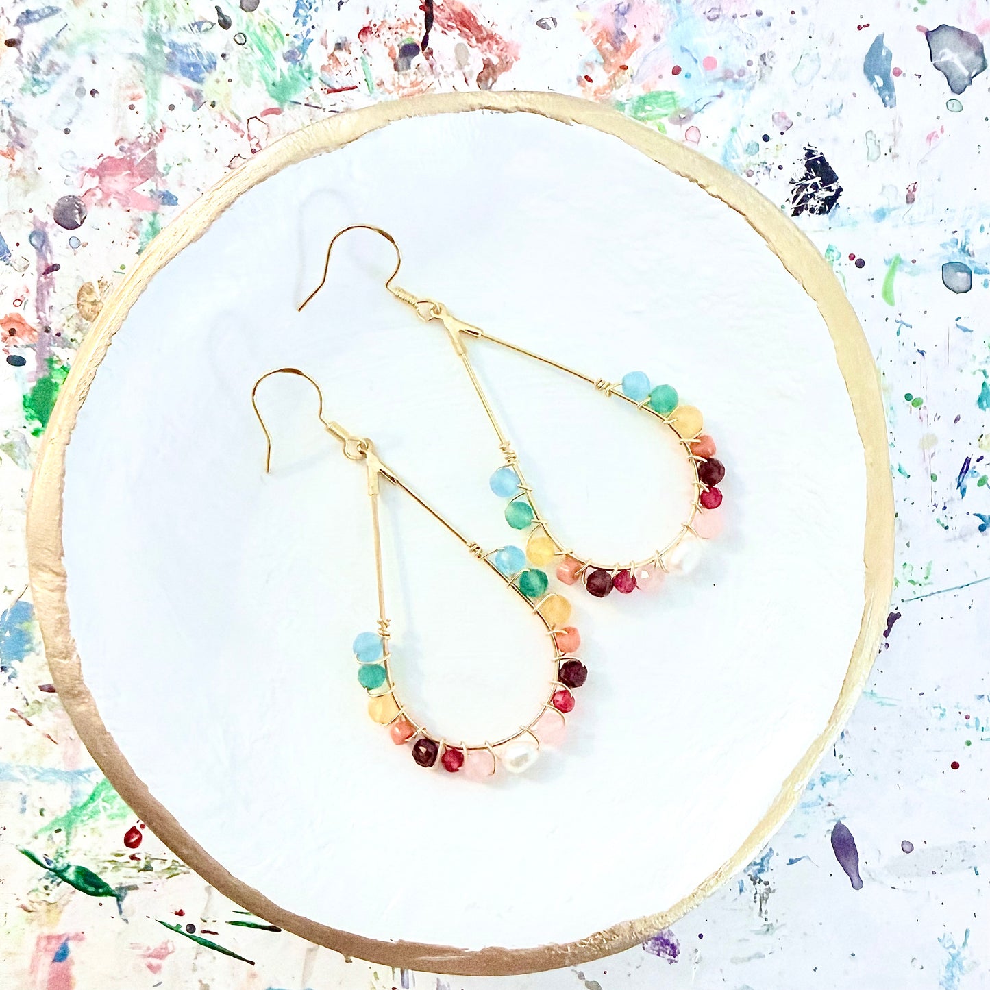 Rainbow Gemstone Wrapped Teardrop Earrings