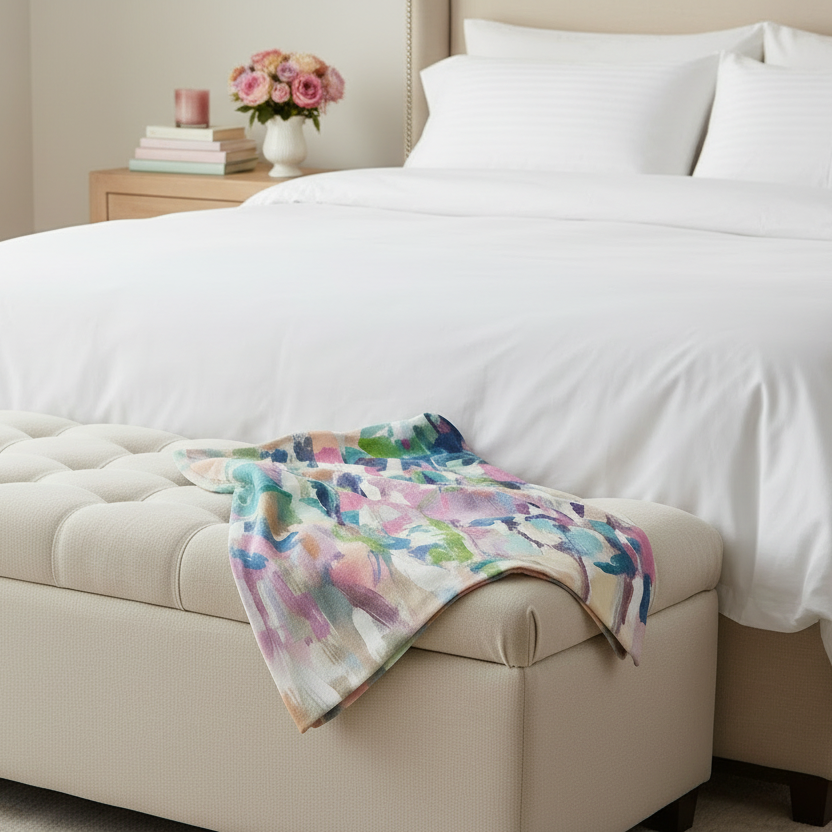 Beige ottoman with a colorful blanket on a bed in a bedroom setting