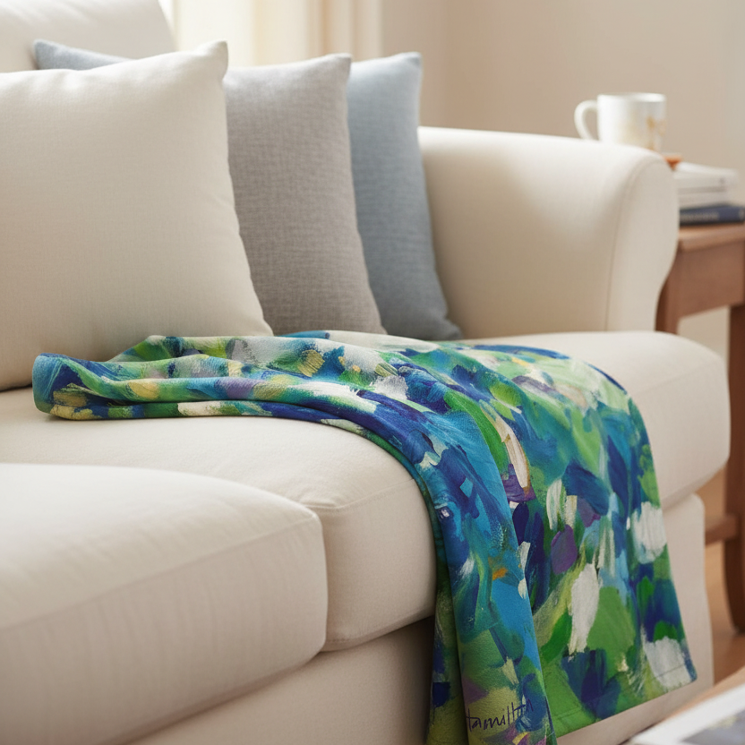 Beige sofa with a colorful blanket draped over it in a living room setting.