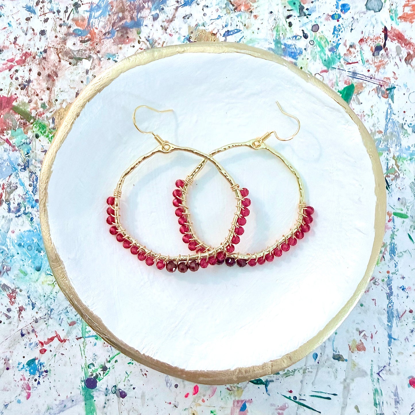 Pink Chalcedony and Garnet Gemstone Wrapped Hoop Earrings