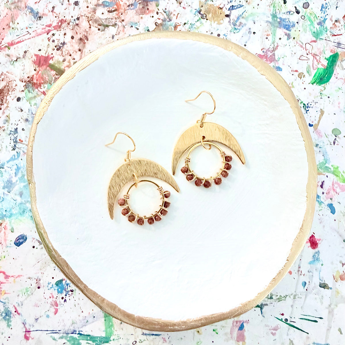 Sunstone Gemstone Wrapped Hoop and Moon Earrings