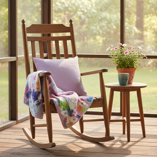 Wooden rocking chair with a colorful blanket and pillow on a wooden deck with a view of trees.