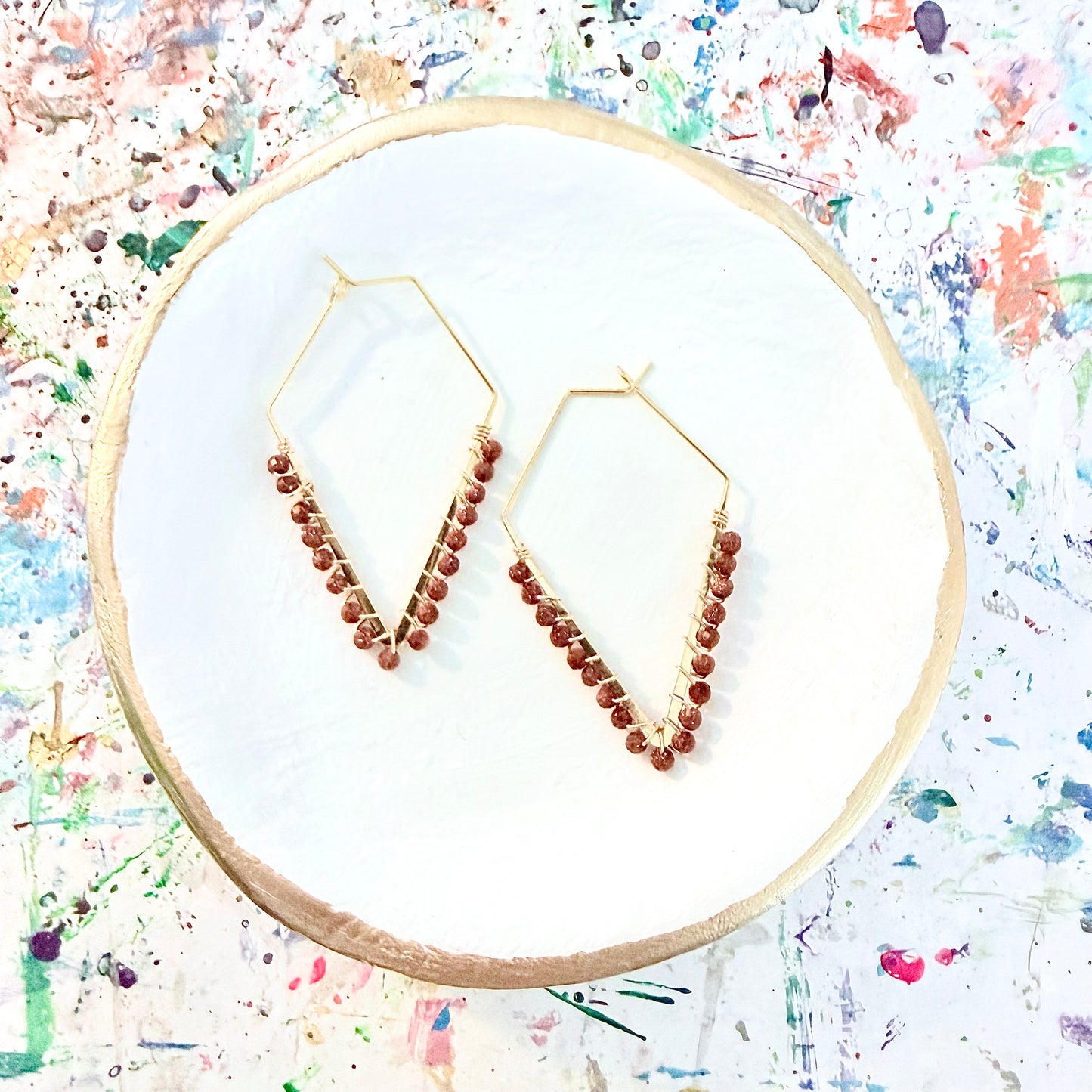 Sunstone Gemstone Wrapped Trapezoid Hoop Earrings