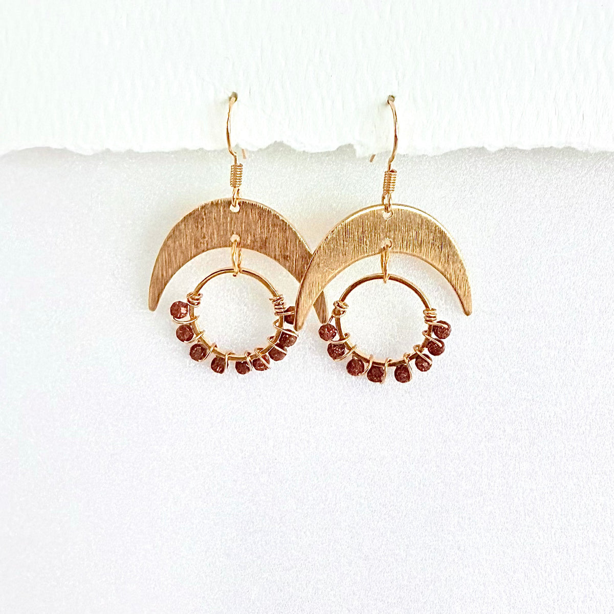 Sunstone Gemstone Wrapped Hoop and Moon Earrings