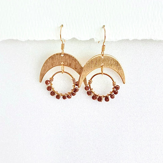 Sunstone Gemstone Wrapped Hoop and Moon Earrings