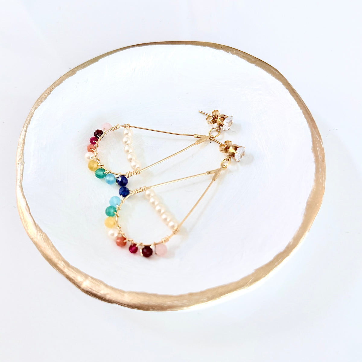 Rainbow Gemstone and Pearl Wrapped Teardrop Earrings