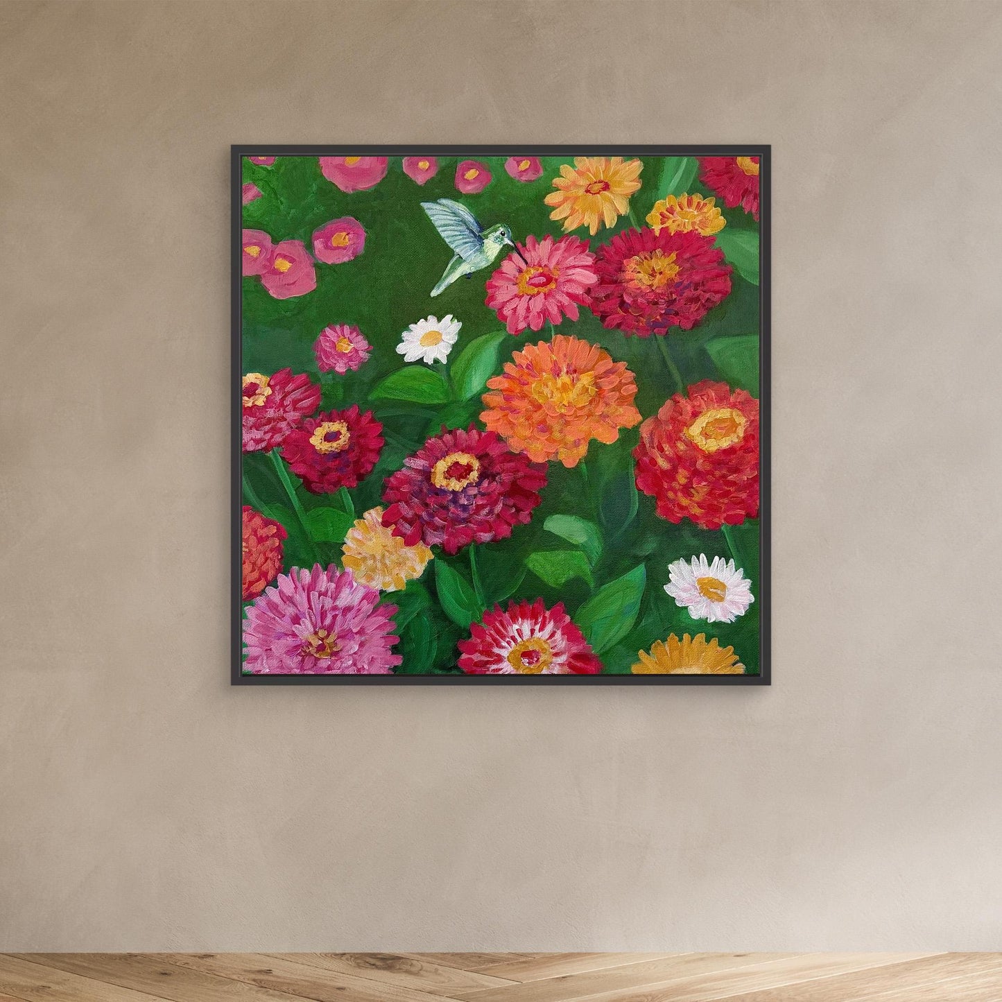 Hummingbird with Zinnias