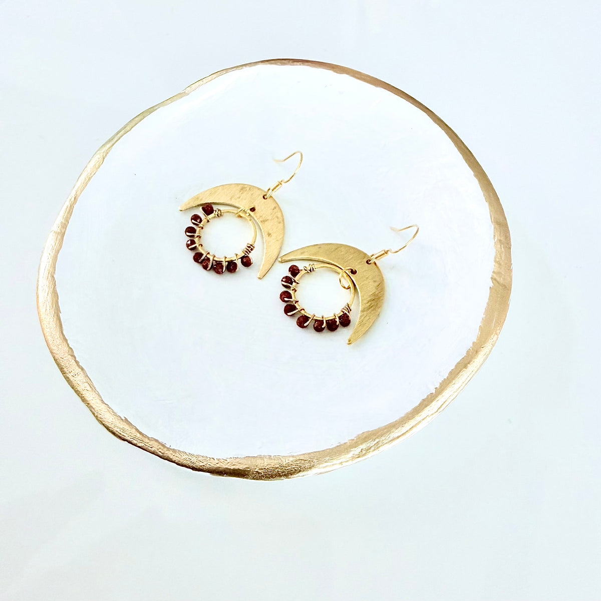 Sunstone Gemstone Wrapped Hoop and Moon Earrings
