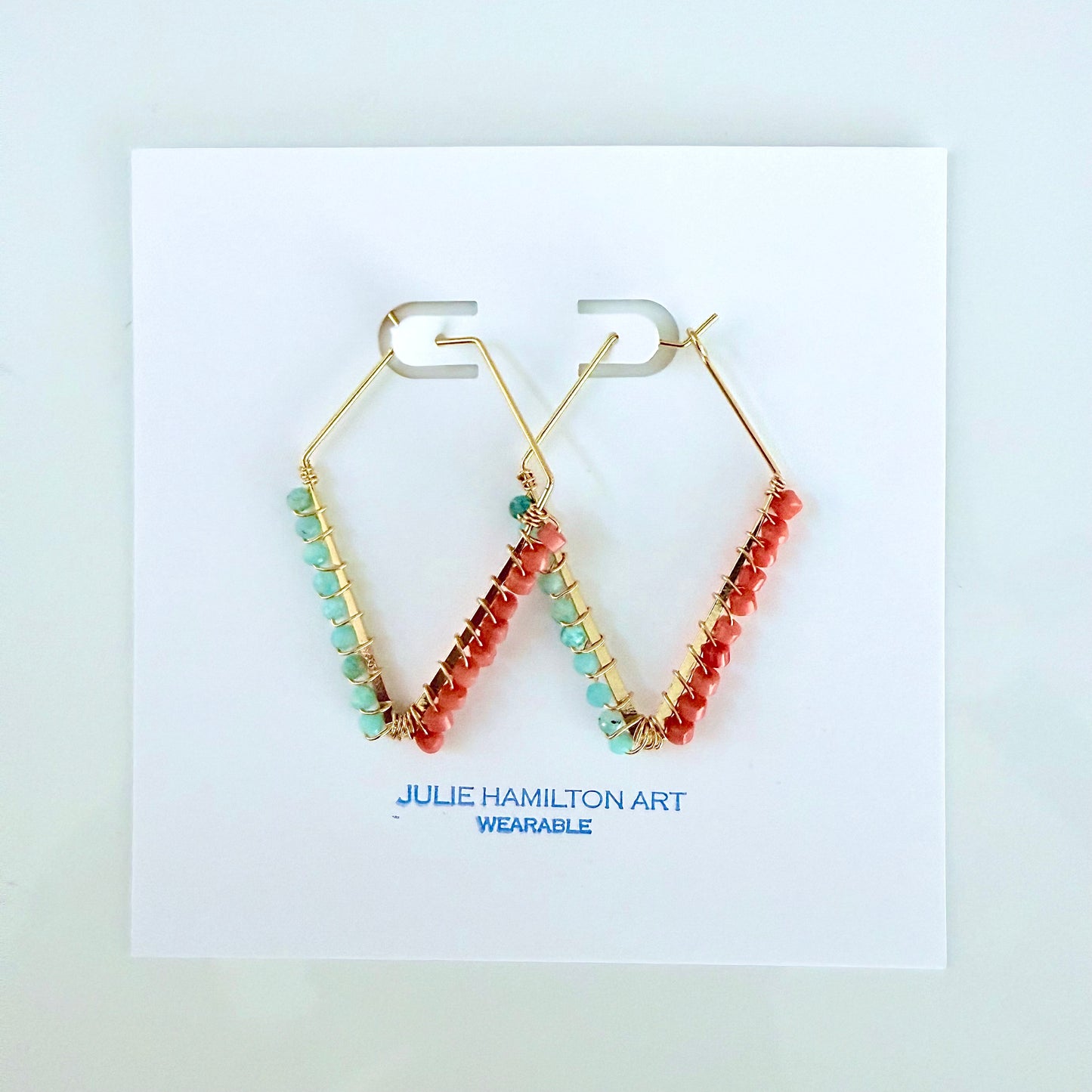 Coral and Aquamarine Gemstone Wrapped Trapezoid Hoop Earrings