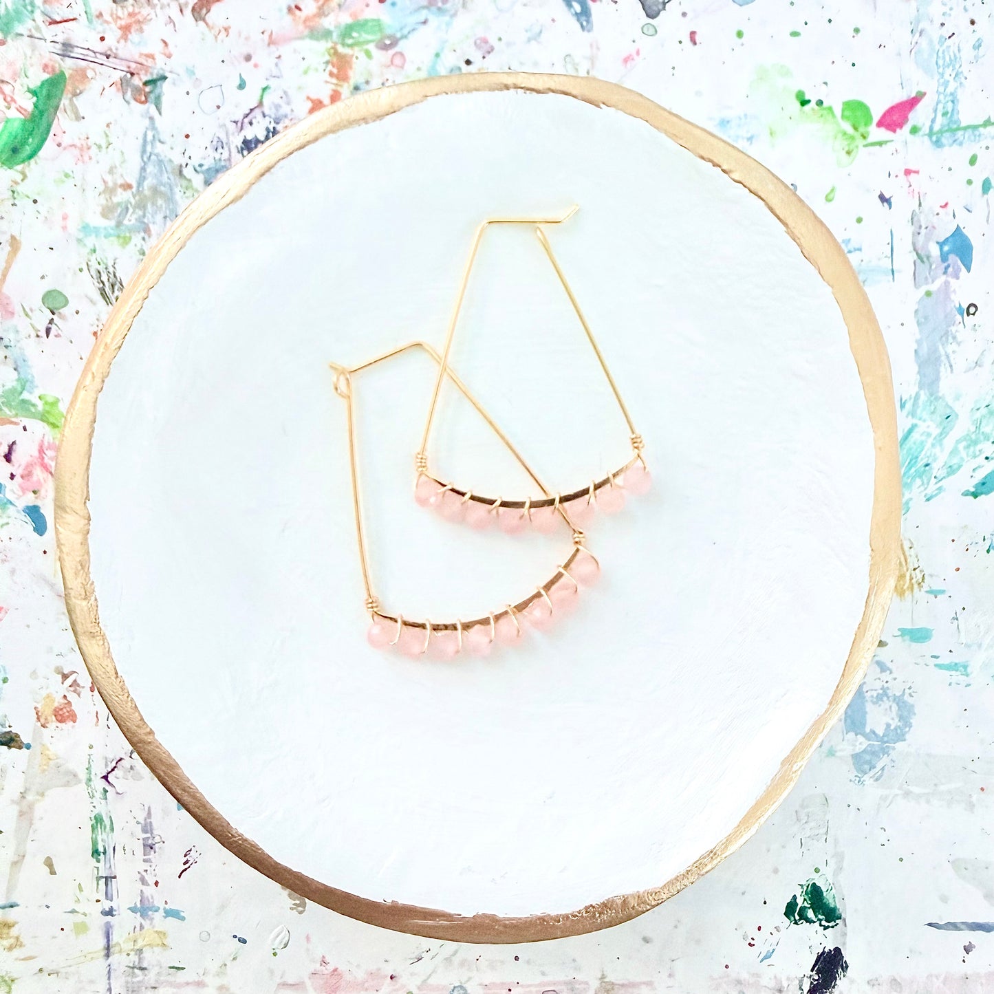Rose Quartz Gemstone Wrapped Geometric Hoop Earrings