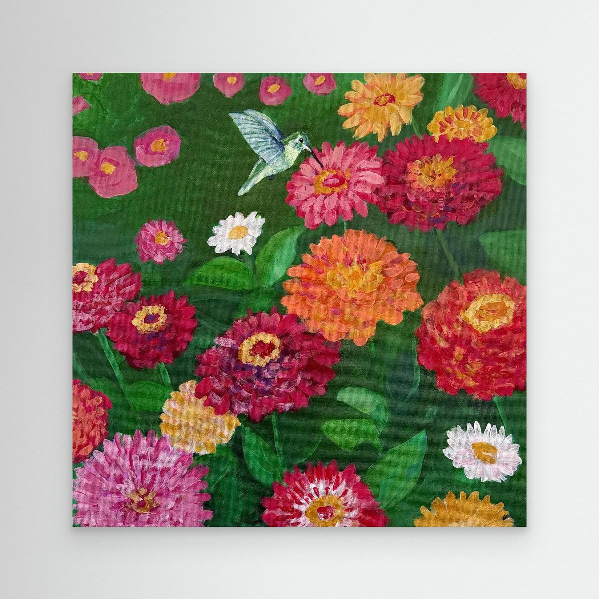 Hummingbird with Zinnias