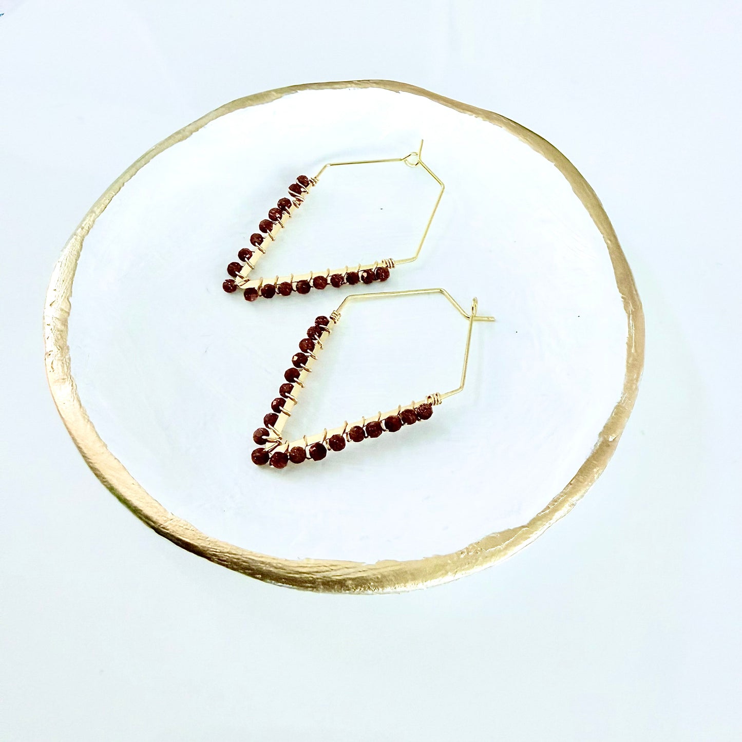 Sunstone Gemstone Wrapped Trapezoid Hoop Earrings