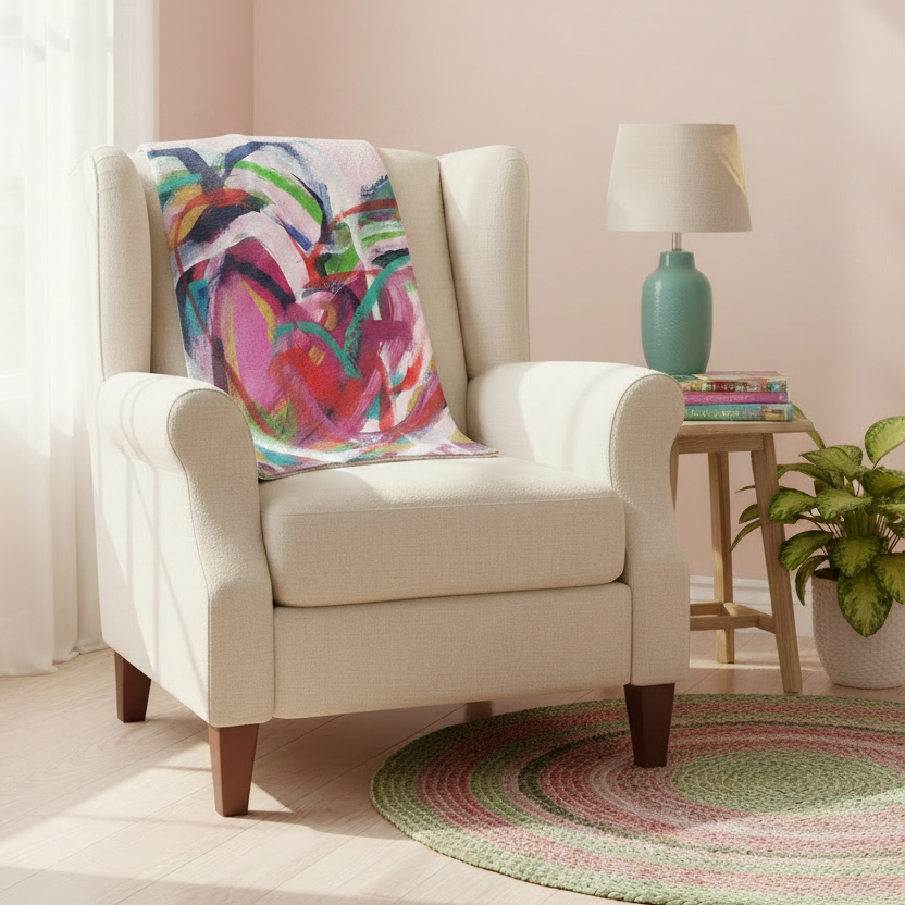 Beige armchair with a colorful pillow in a room with a pink wall, small table, and plant.