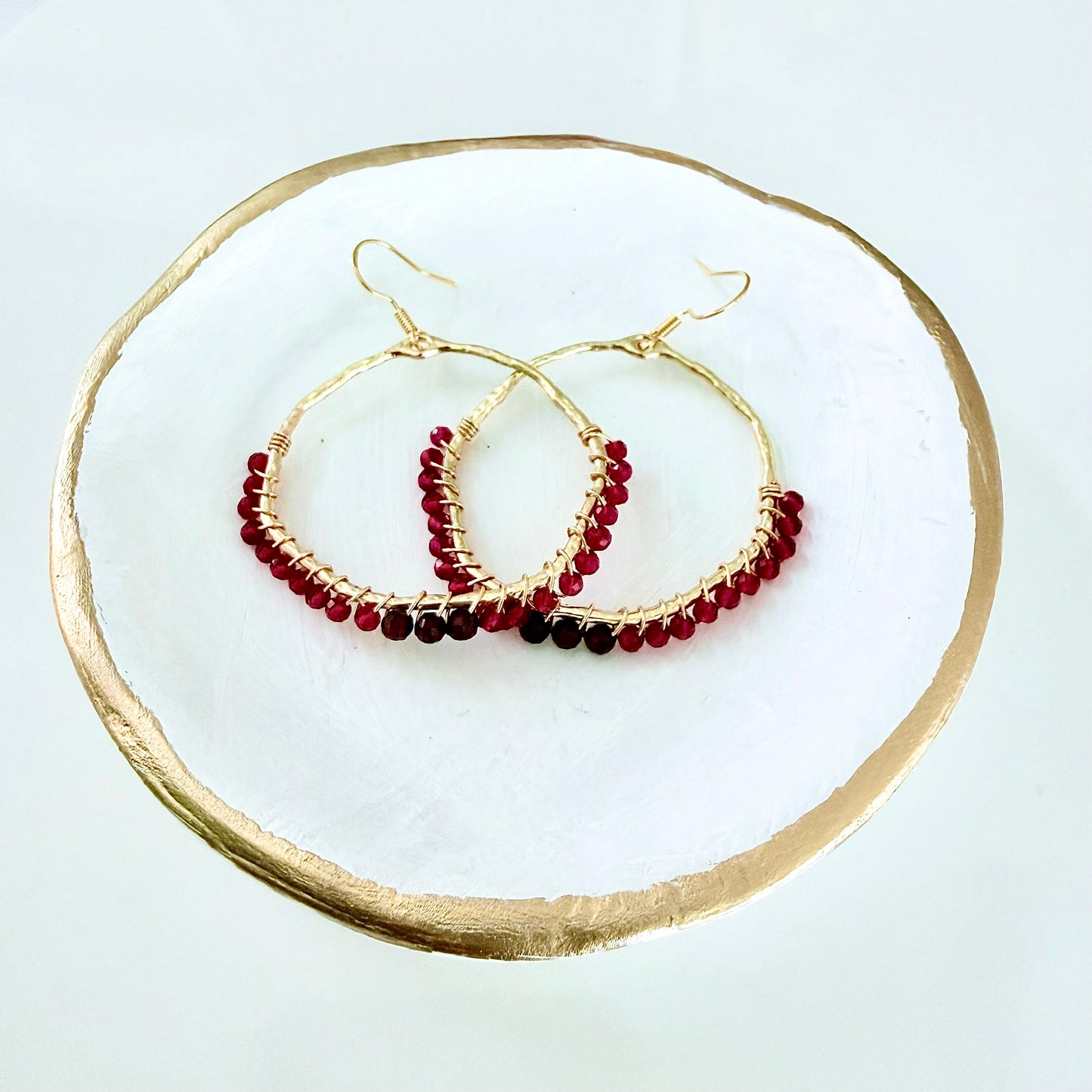 Pink Chalcedony and Garnet Gemstone Wrapped Hoop Earrings