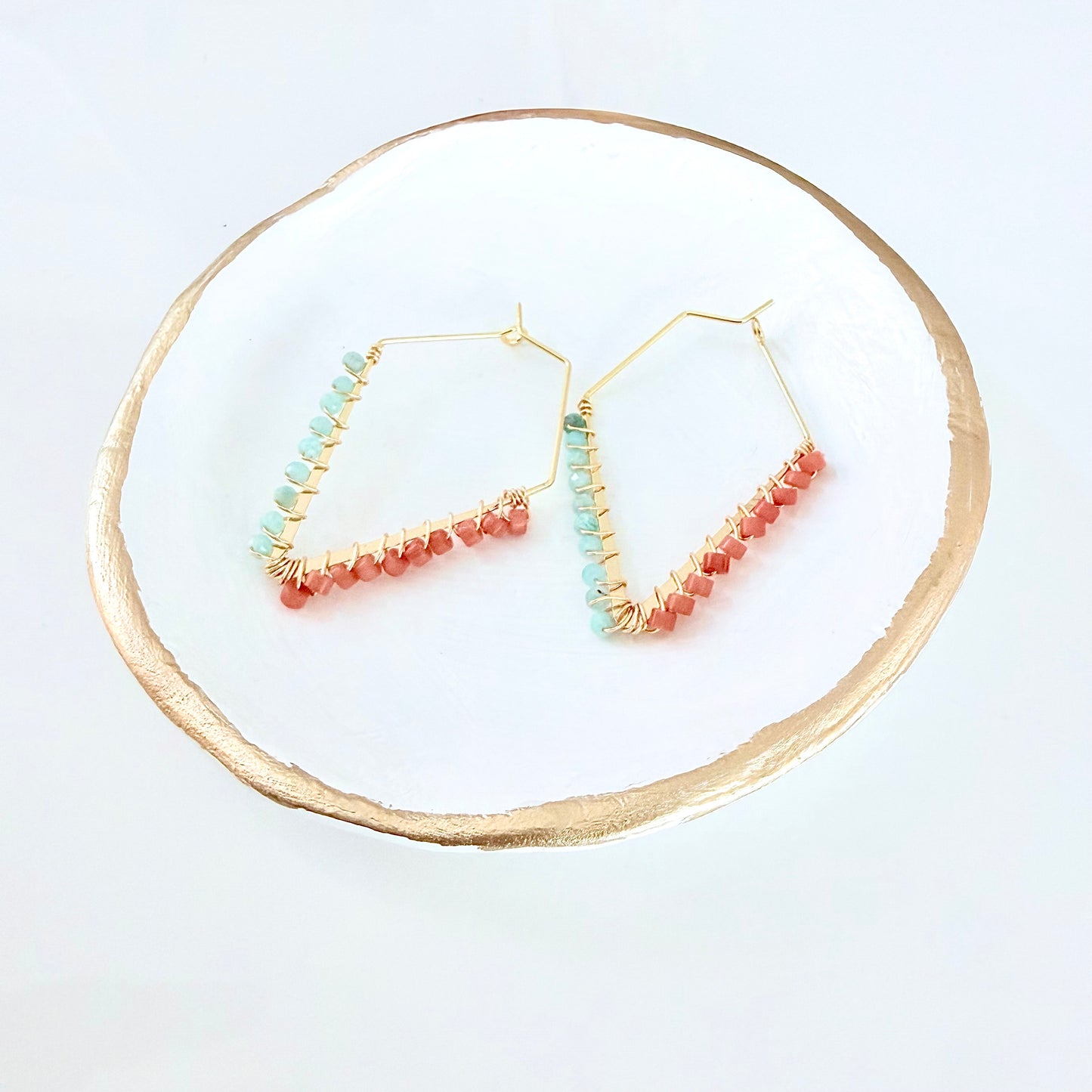 Coral and Aquamarine Gemstone Wrapped Trapezoid Hoop Earrings