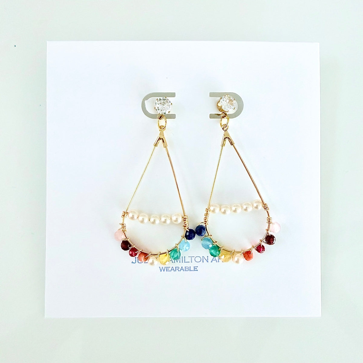 Rainbow Gemstone and Pearl Wrapped Teardrop Earrings