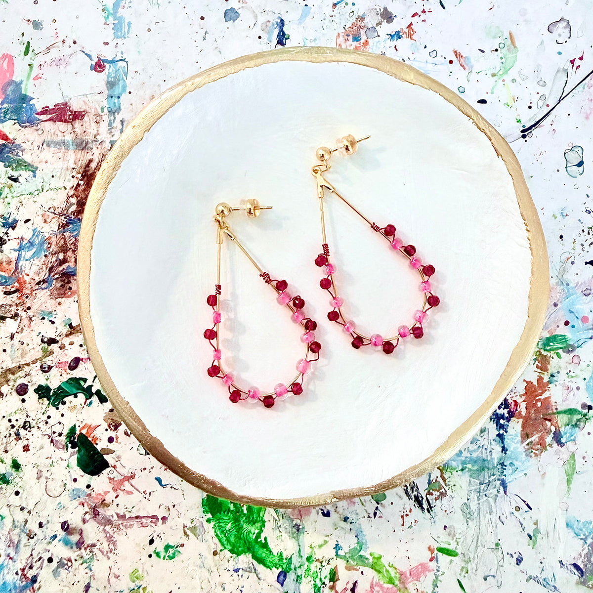 Pink Chalcedony Gemstone and Glass Wrapped Teardrop Earrings
