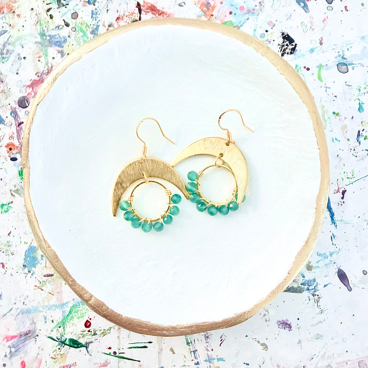 Green Onyx Gemstone Wrapped Hoop and Moon Earrings
