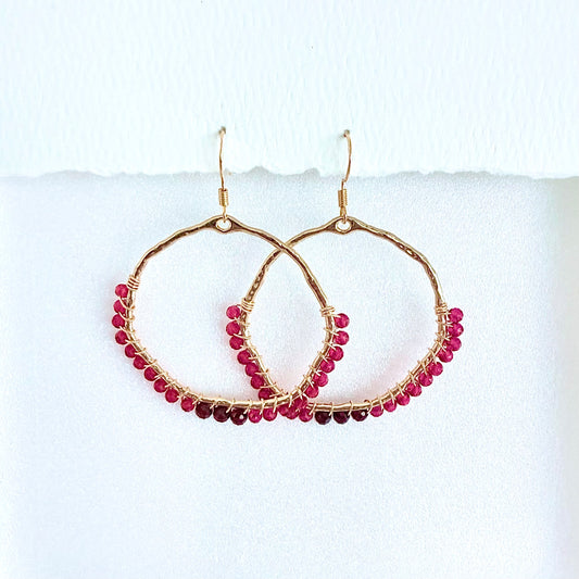 Pink Chalcedony and Garnet Gemstone Wrapped Hoop Earrings