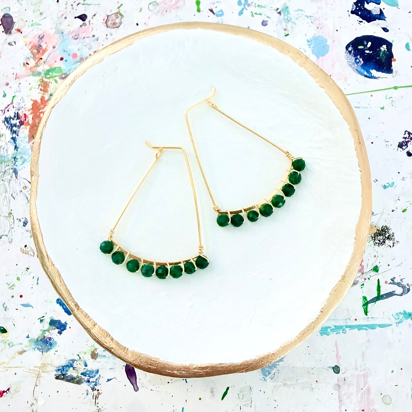 Green Onyx Gemstone Wrapped Geometric Hoop Earrings