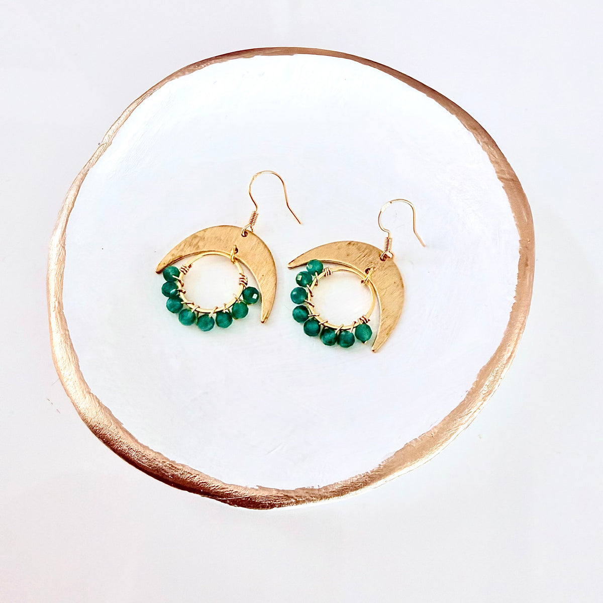 Green Onyx Gemstone Wrapped Hoop and Moon Earrings