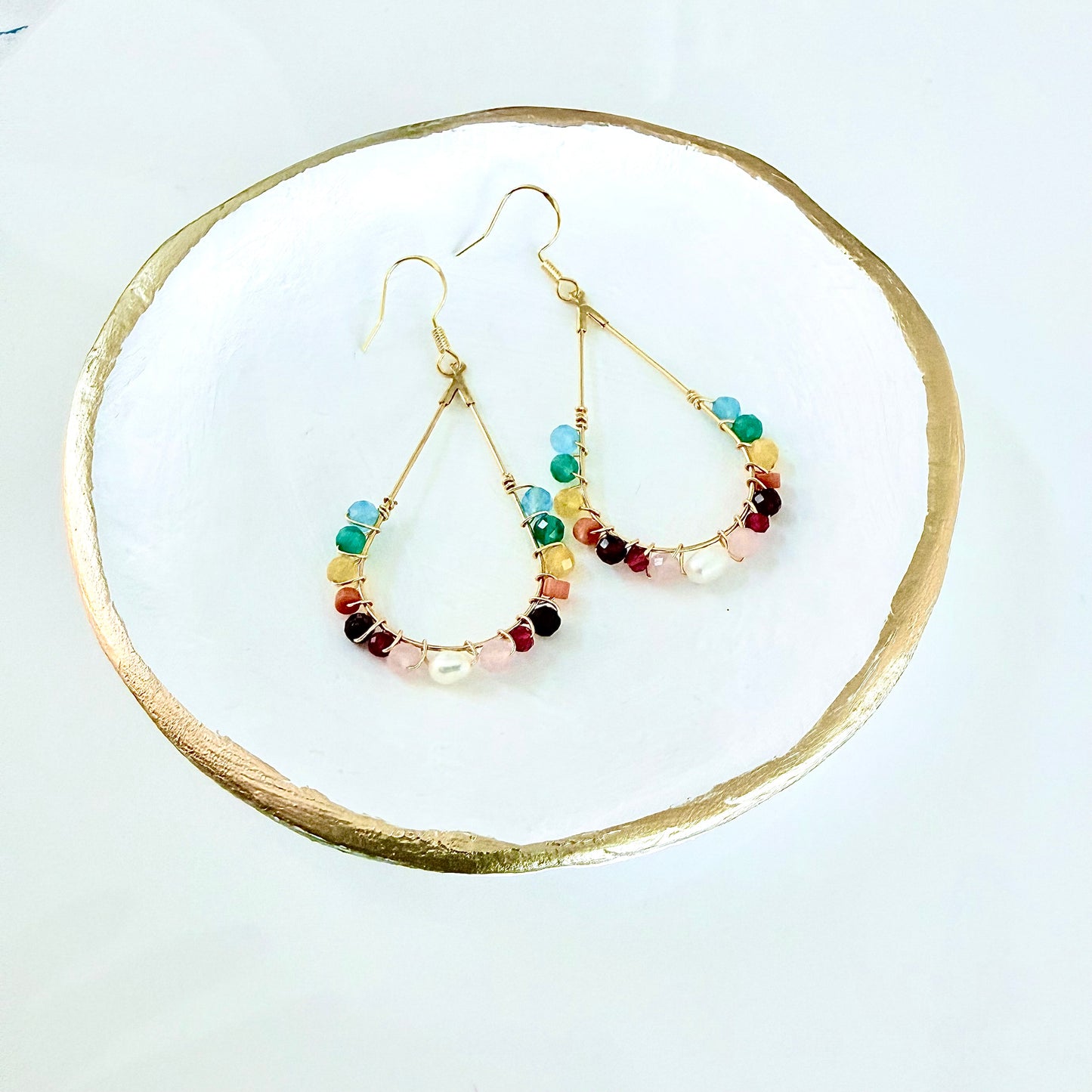 Rainbow Gemstone Wrapped Teardrop Earrings