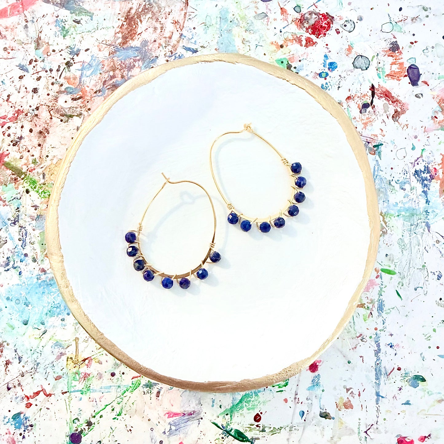 Lapis Lazuli Gemstone Wrapped Oval Hoop Earrings