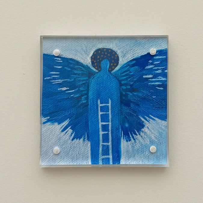 Blue angel with wings and ladder on a white background by phoenix artist Julie Hamilton