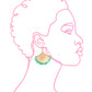 Outline of a woman's face with a gold and green earring on a white background