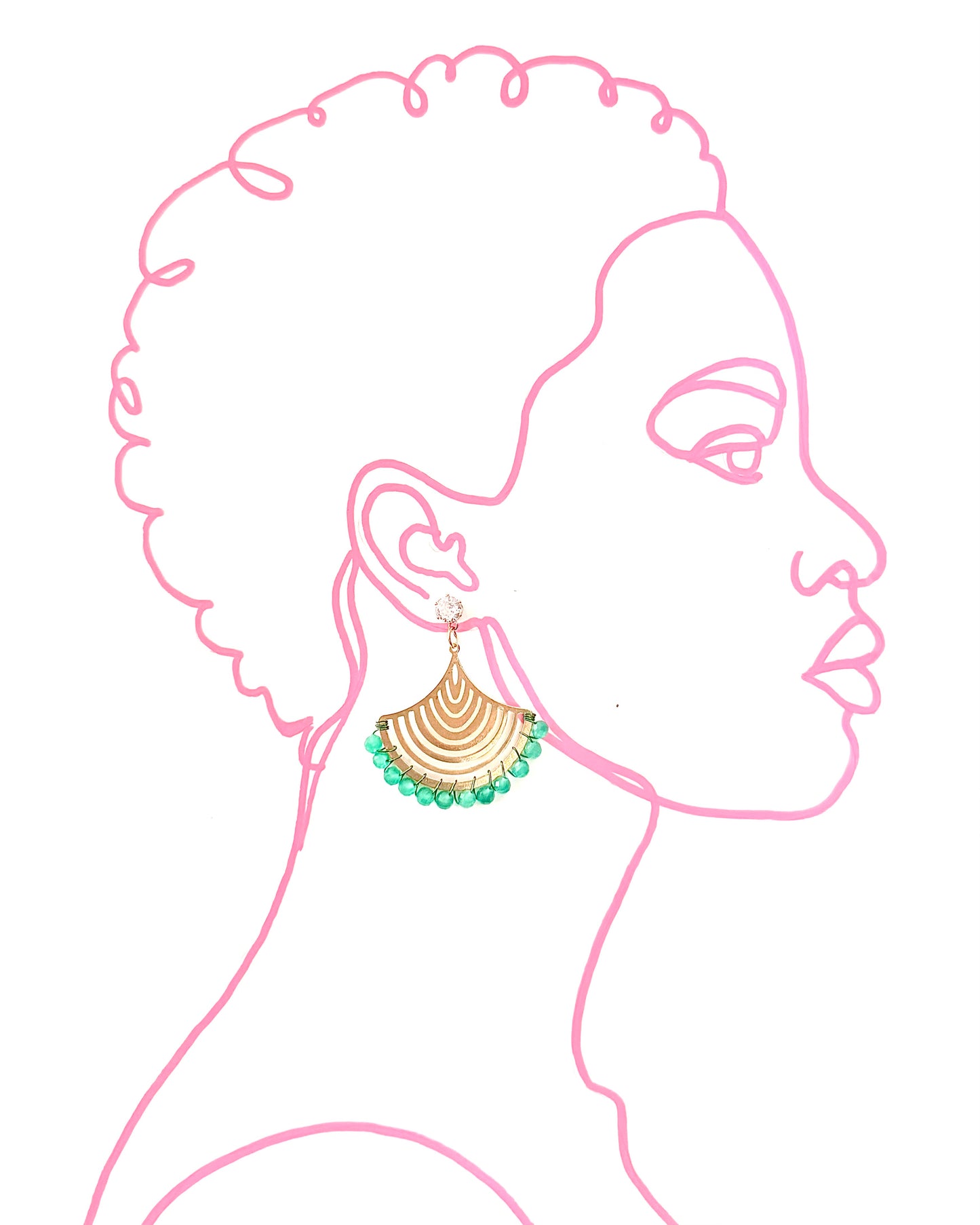 Outline of a woman's face with a gold and green earring on a white background
