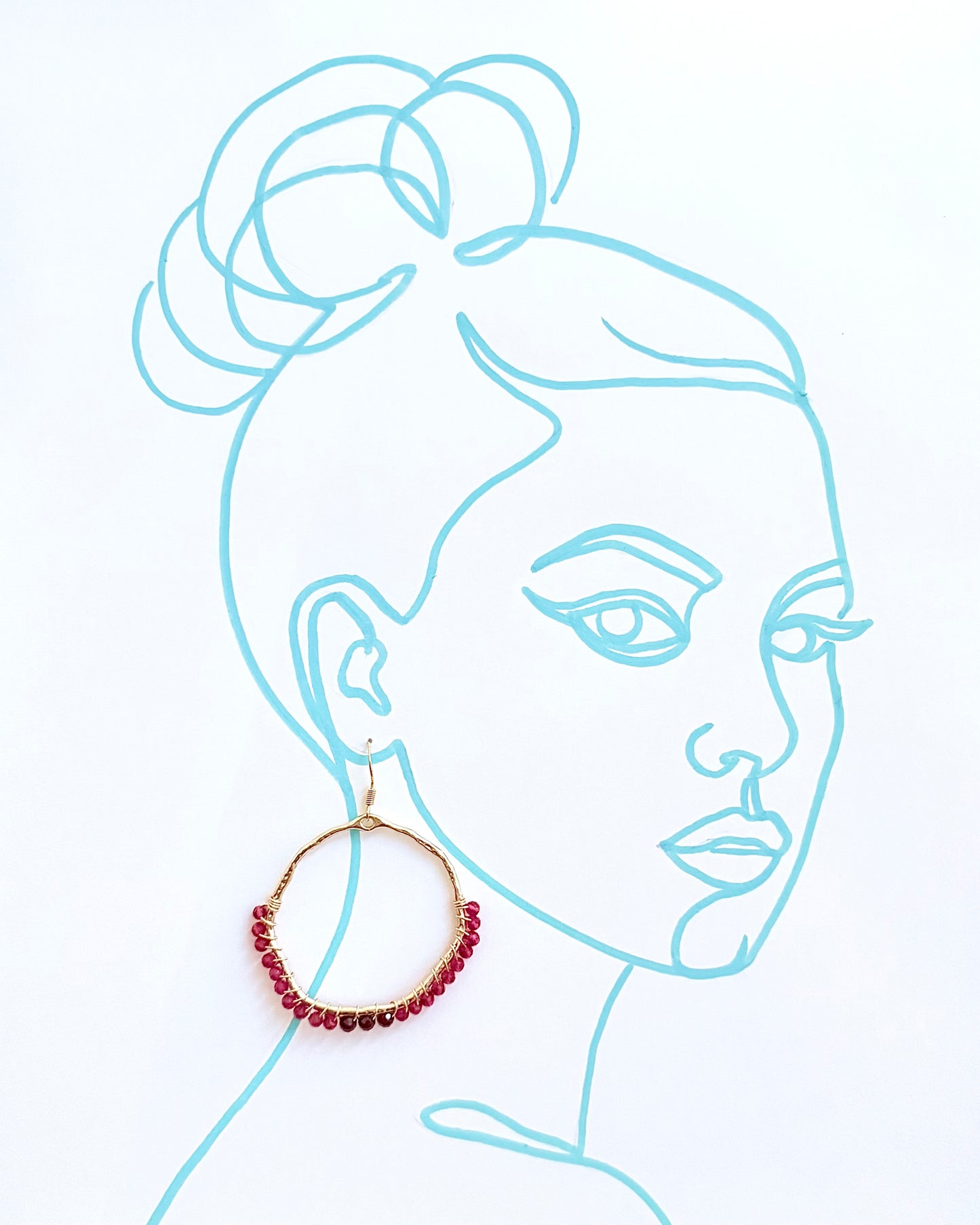 Pink Chalcedony and Garnet Gemstone Wrapped Hoop Earrings