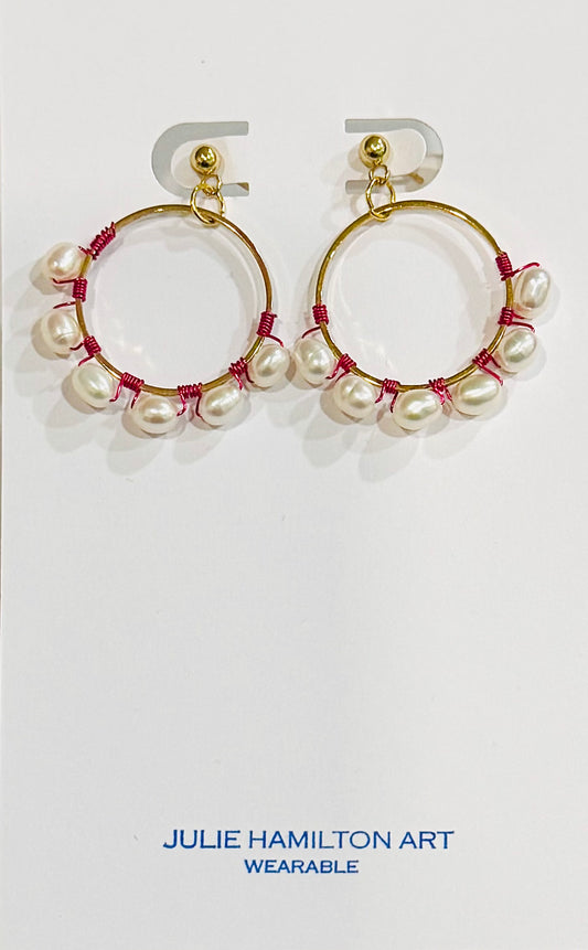 Freshwater Pearl wrapped earrings in pink wire