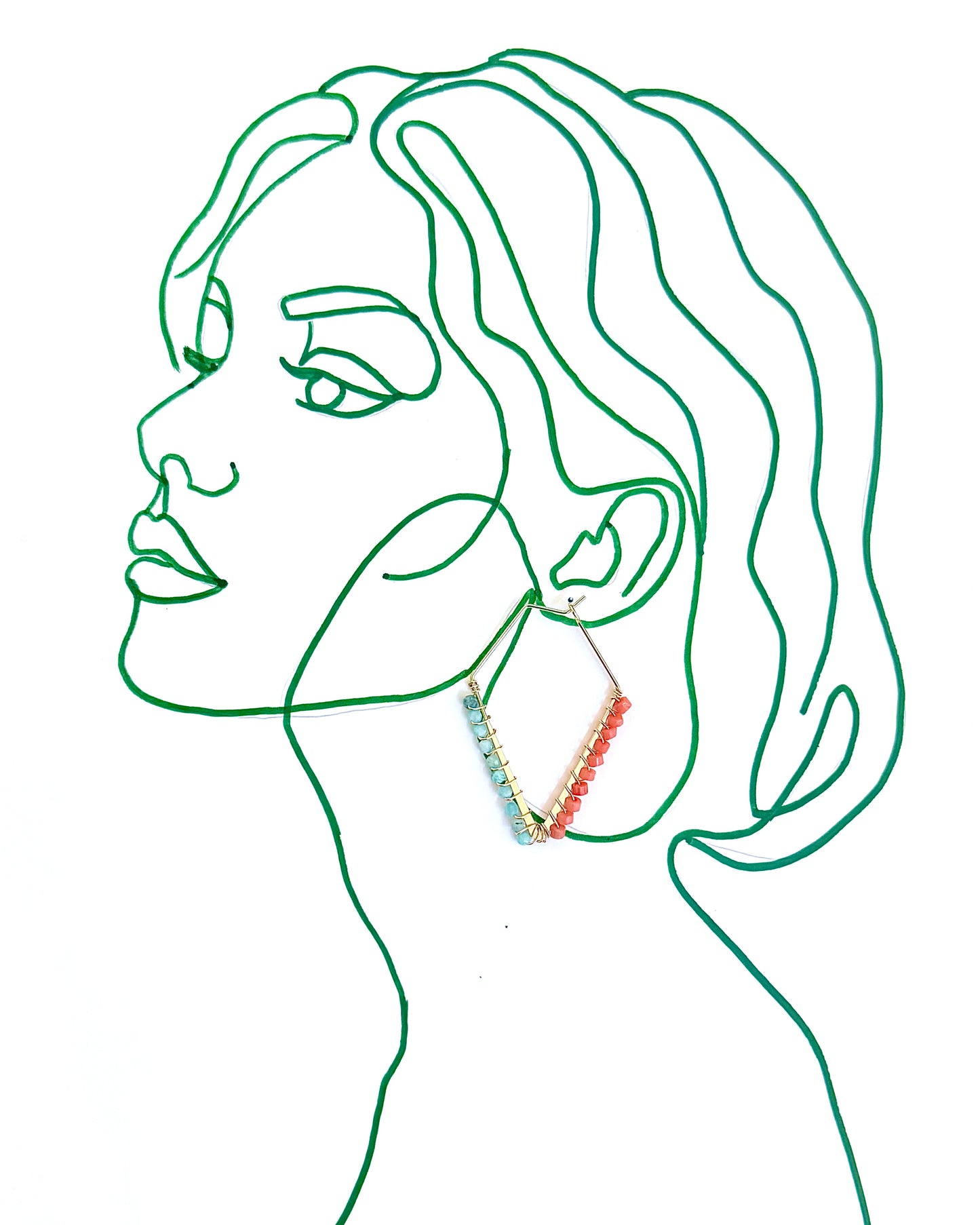 Coral and Aquamarine Gemstone Wrapped Trapezoid Hoop Earrings