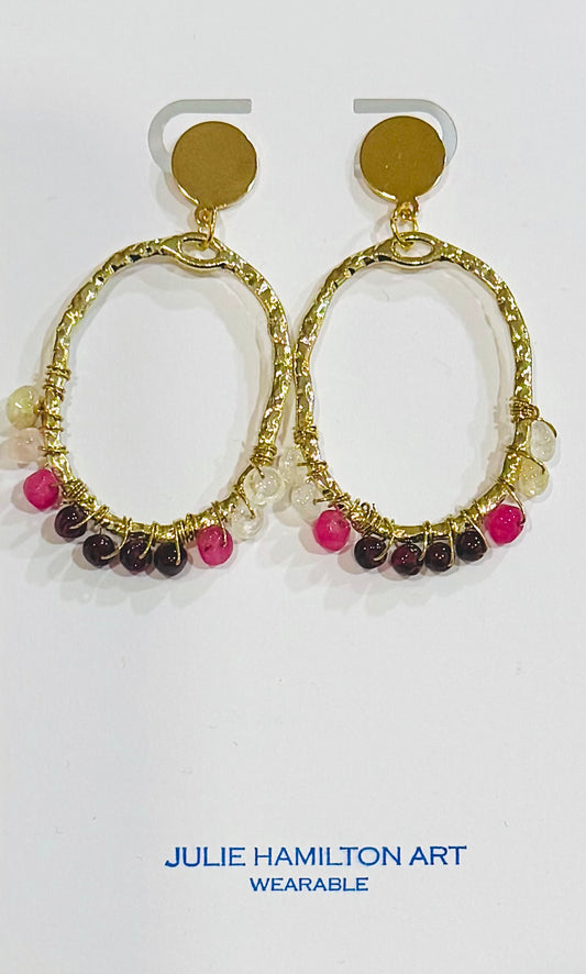 Citrine, Pink Chalcedony and Garnet wrapped earrings