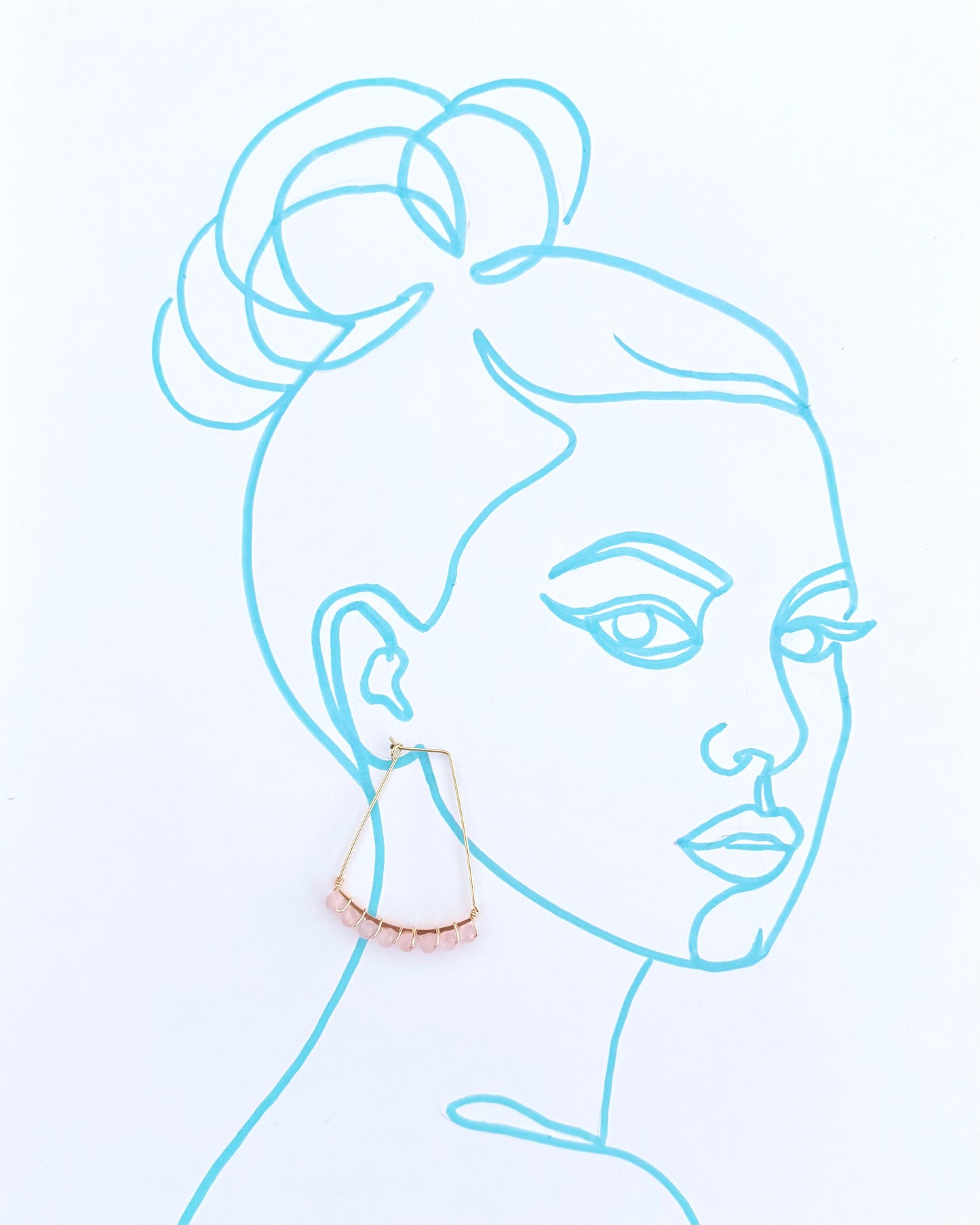 Rose Quartz Gemstone Wrapped Geometric Hoop Earrings
