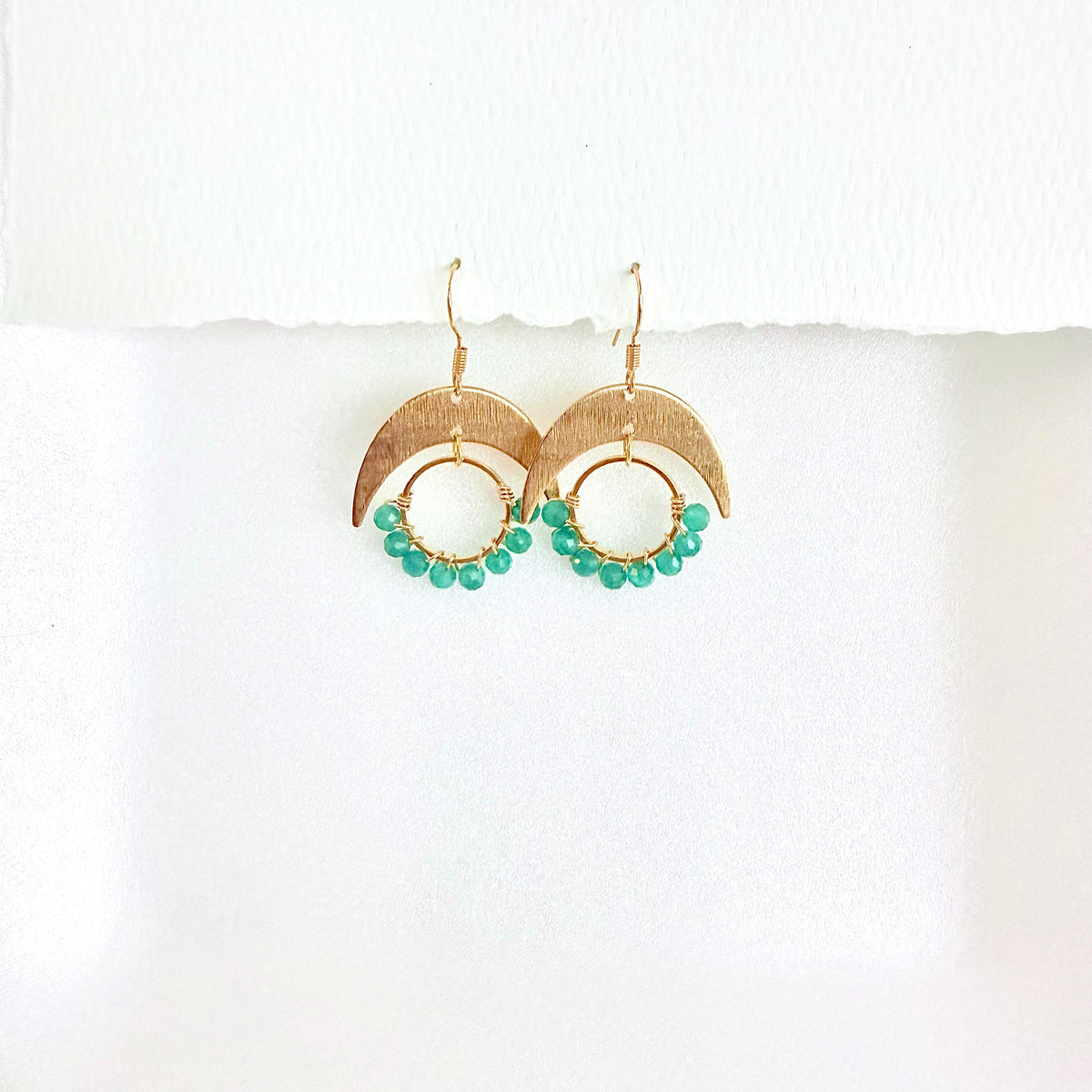 Green Onyx Gemstone Wrapped Hoop and Moon Earrings