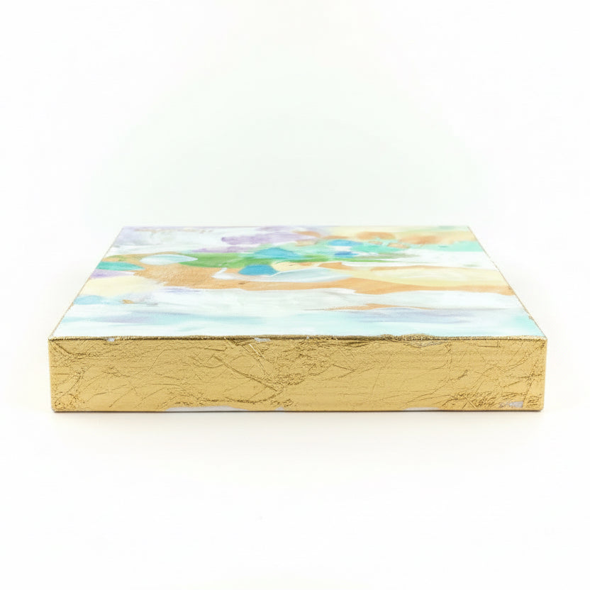 A small abstract landscape in pastel colors seen from side view with gold edges my phoenix artist Julie Hamilton