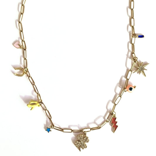 Necklace with various lucky charms on a white background