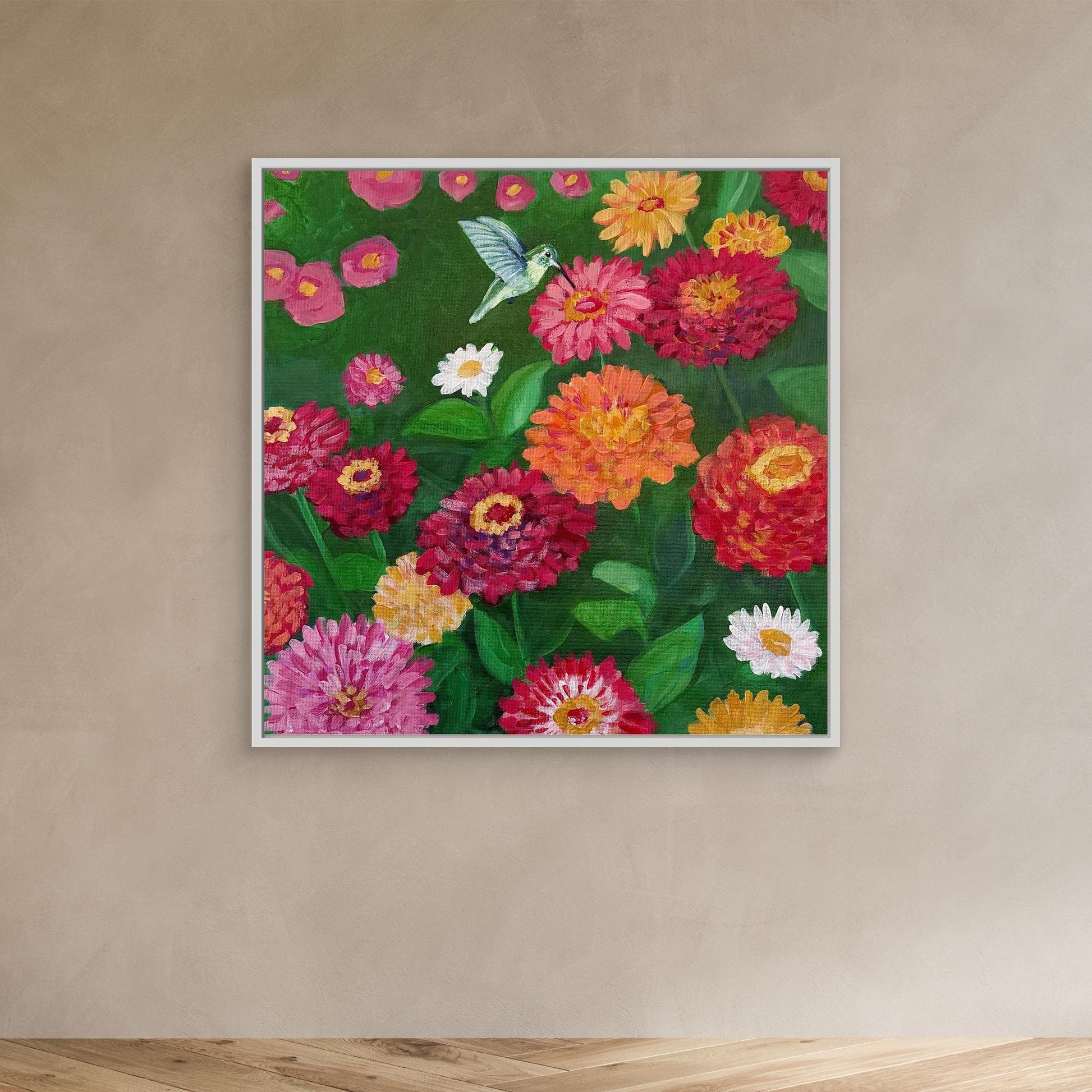 Hummingbird with Zinnias