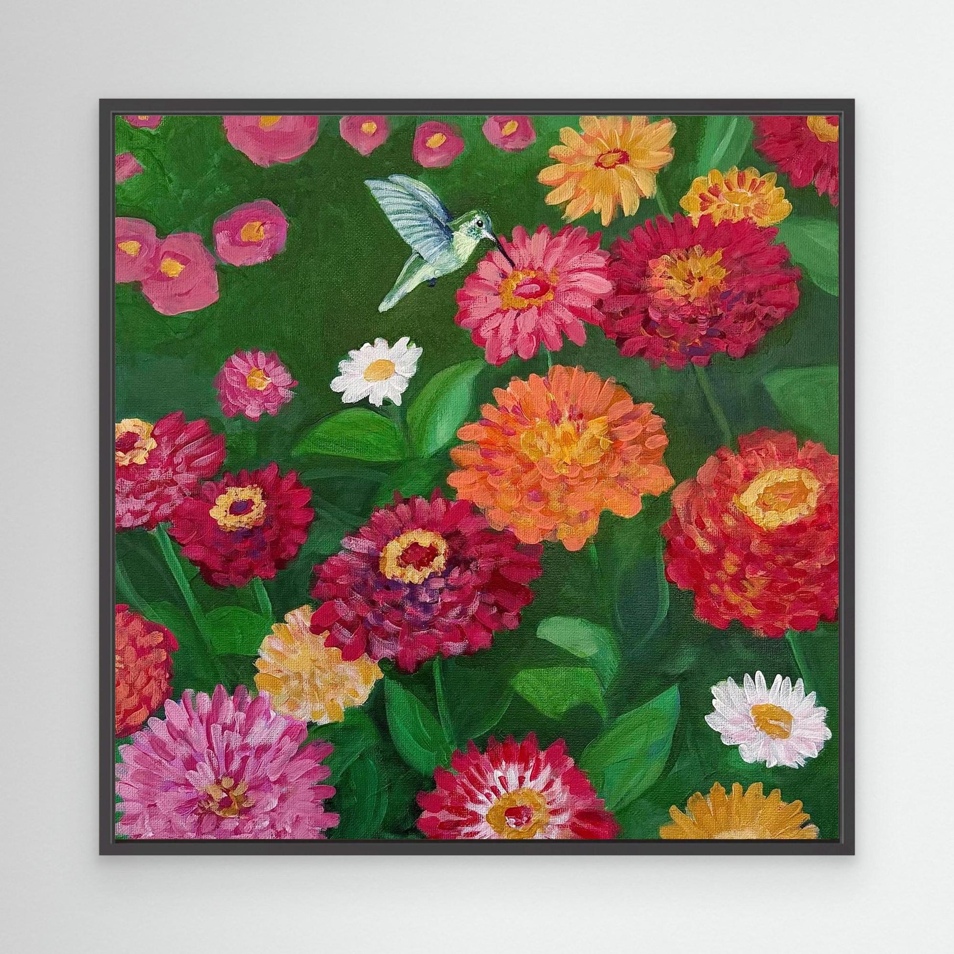 Hummingbird with Zinnias