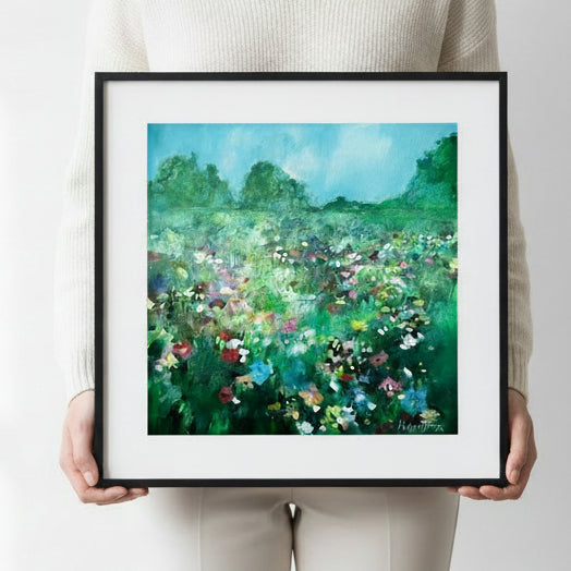 black framed impressionistic colorful floral print 