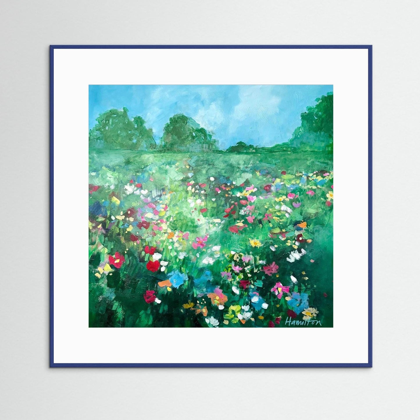 blue framed impressionistic colorful landscape painting