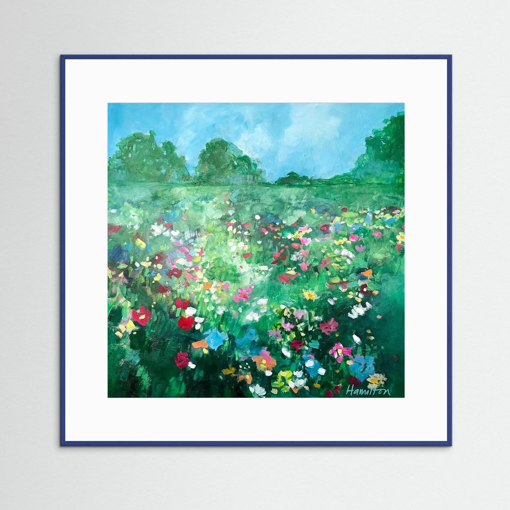 blue framed impressionistic colorful landscape painting