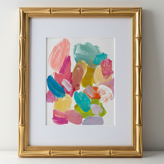Framed abstract palette art print with colorful shapes on a white background