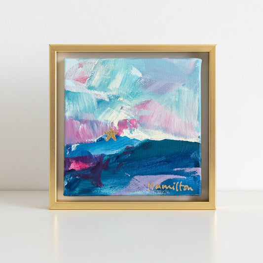 Framed abstracted mountain painting of mill mountain star with colorful brushstrokes on a white background